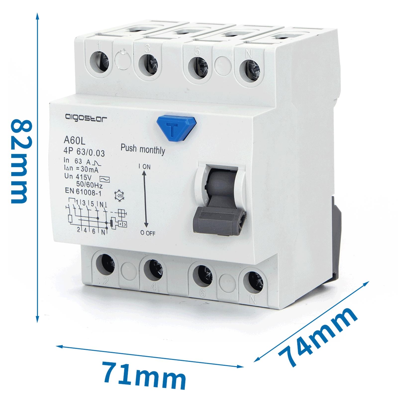 Residual Current Circuit Breaker 4P 63A 30mA AC Gray