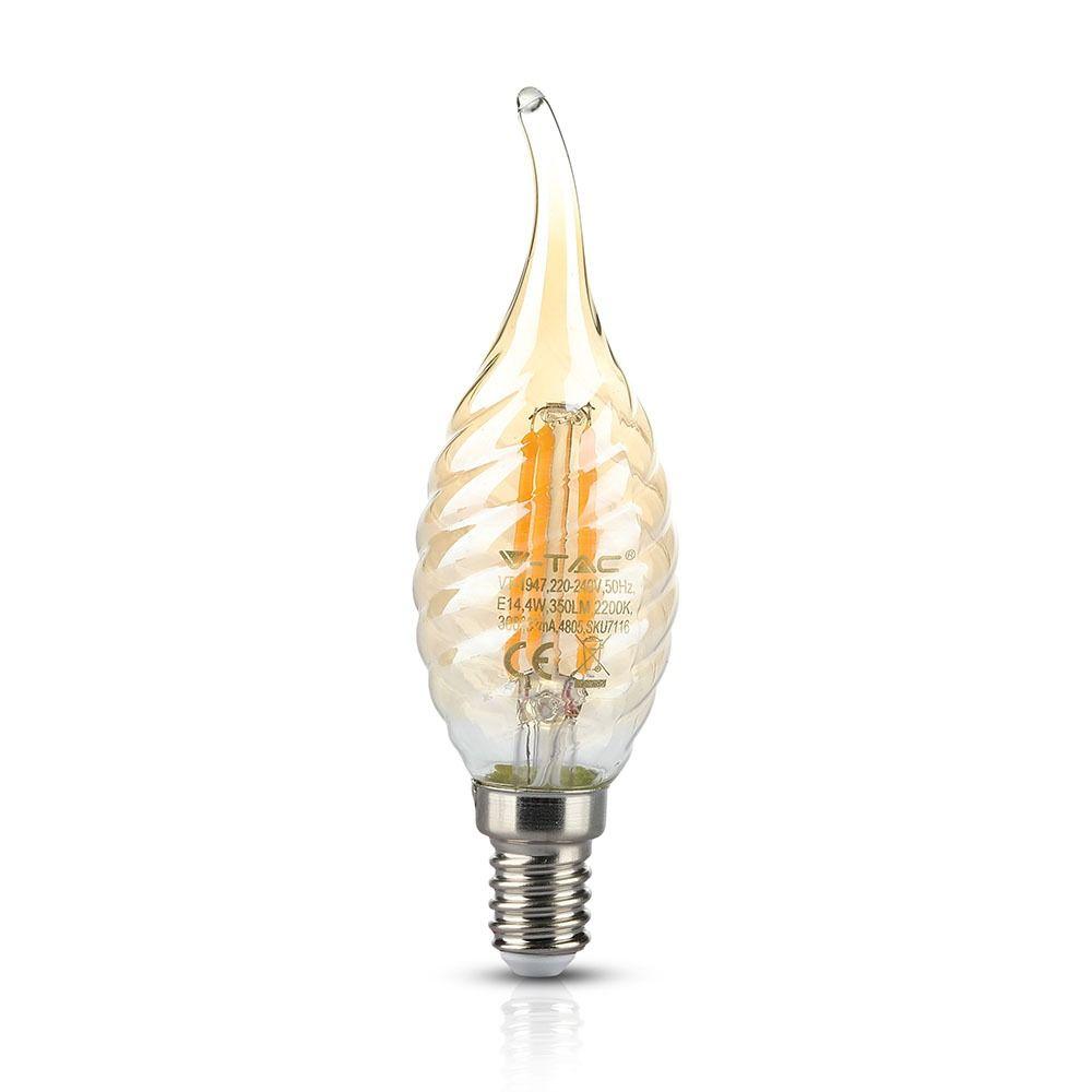 4W C35 Żarówka LED Filament, Klosz: Bursztynowy kręcony płomyk, Barwa:2200K, Trzonek:E14, VTAC, SKU 7116