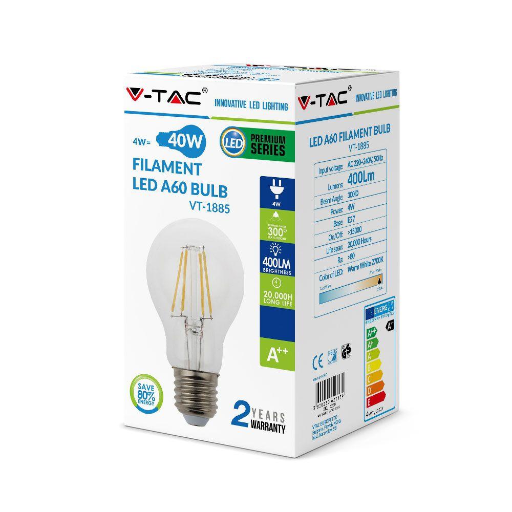 4W A60 Żarówka LED Filament, Barwa: 4000K, Trzonek:E27, VTAC, SKU 7119