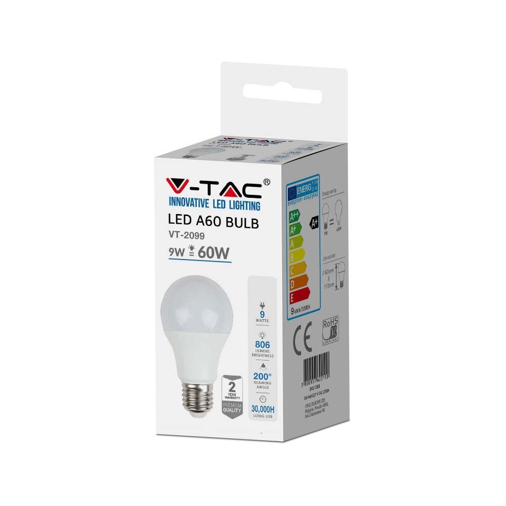 9W A60 Żarówka LED, Barwa:6400K, Trzonek:E27, VTAC, SKU 7262