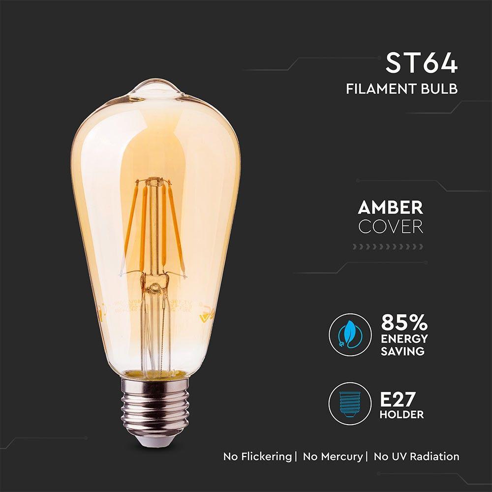 6W ST64 Żarówka LED Filament, Klosz Bursztynowy, Chip SAMSUNG, Barwa:2200K, Trzonek:E27, VTAC, SKU 290