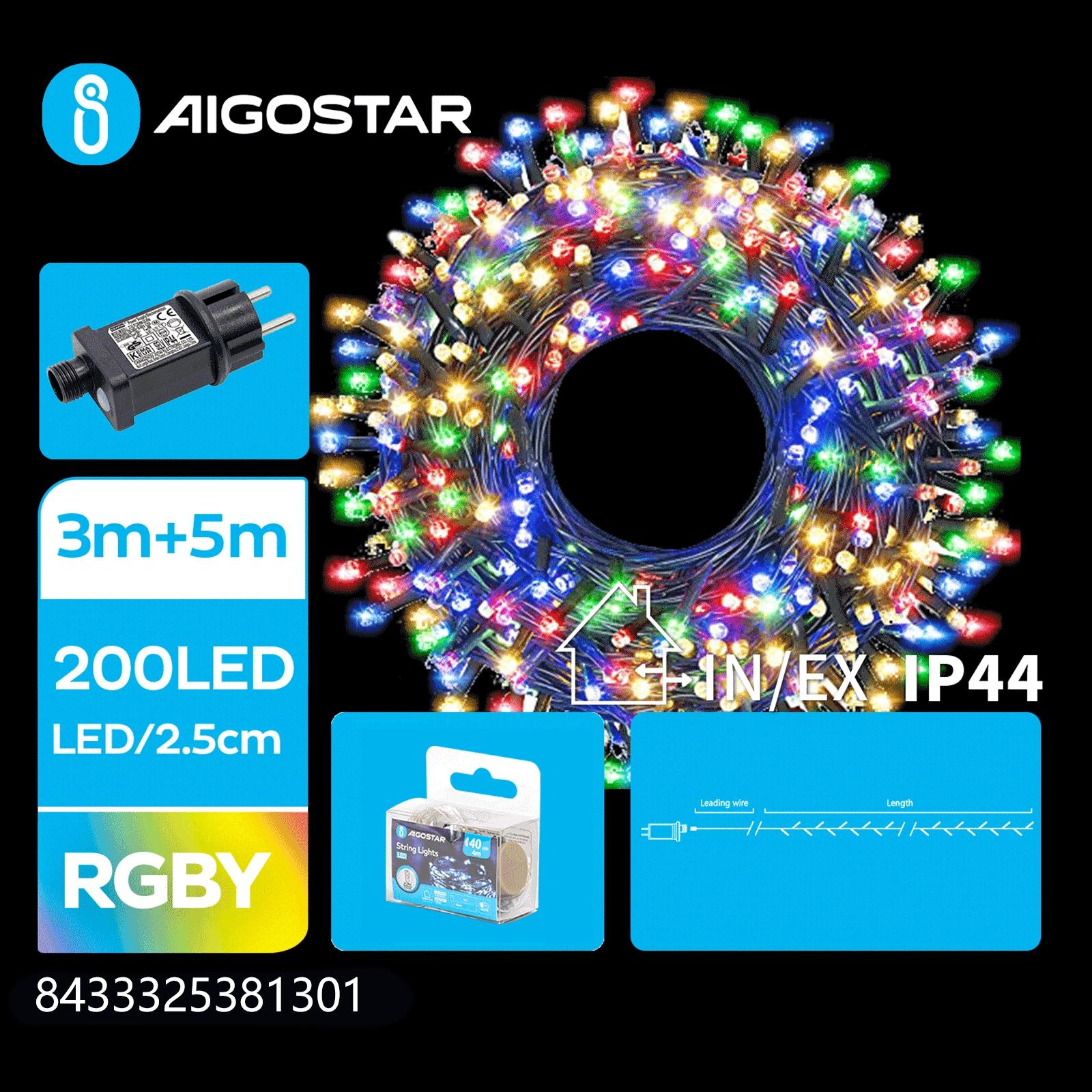 Low Voltage Firecracker Flat String Lights-RGBY-3M+5M-200LED-2.5CM/LED-green black wire-8blink+time+IP44