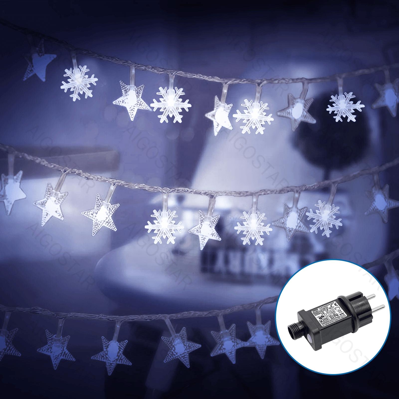 Low voltage star snowflake string lights, cold white, 10m