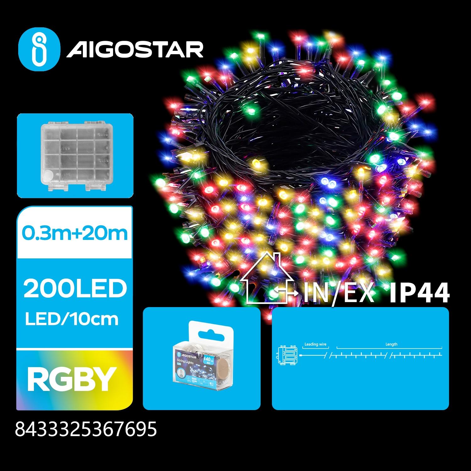 4AA Battery Flat String Lights-RGBY-0.3M+20M-200LED-10CM/LED-transparent wire-8blink+time+IP44