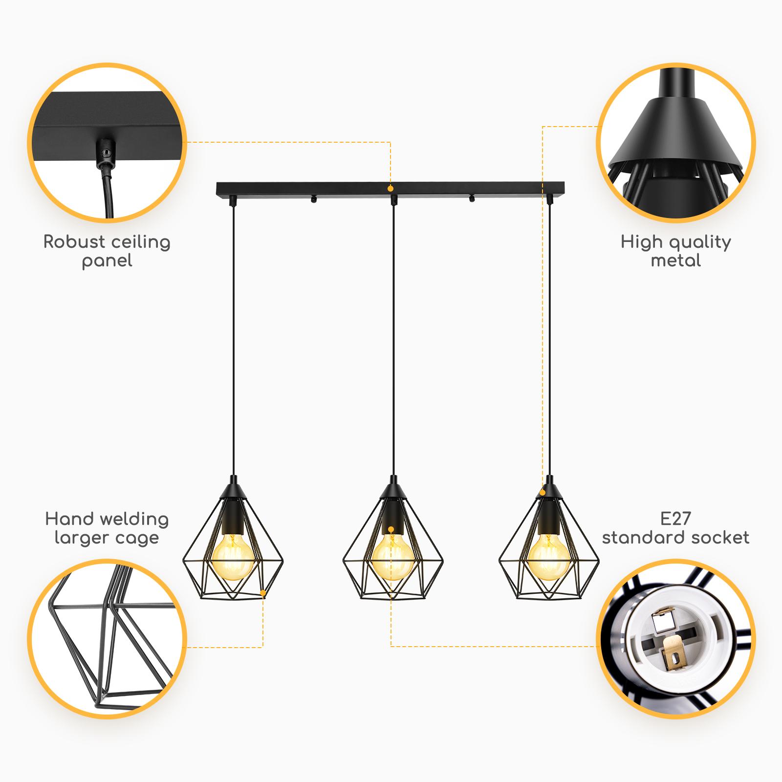 Retro pendant light with iron frame and three lamp holders ( Steel )