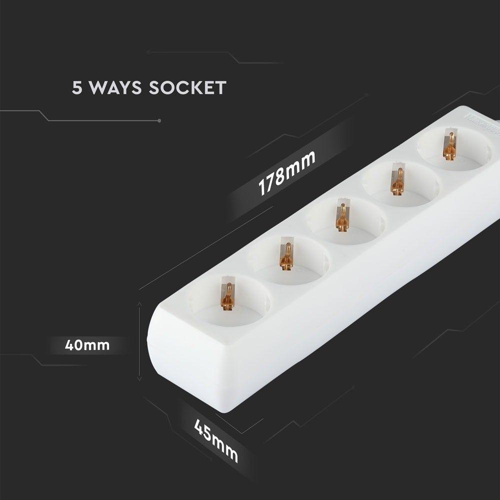 Przedłużacz mieszkaniowy 5 GN., 3x1.5 G. X 1.5M,  Biały, VTAC, SKU 8758