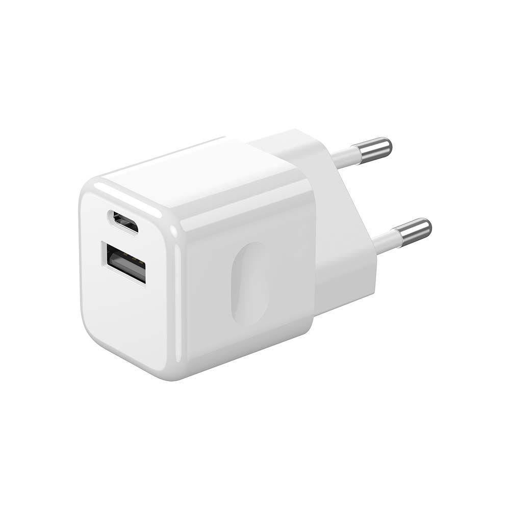 Ładowarka Sieciowa Fast Charger USB + USB C, 20W, Power Delivery, Wtyczka EU, Biała, VTAC, SKU 6678