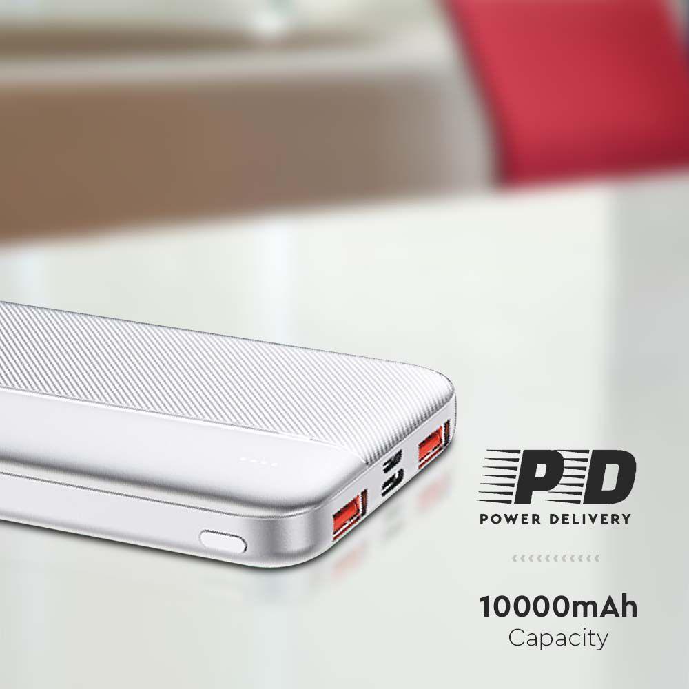 Power Bank 2xUSB + typ: C, Micro USB, Szybkie ładowanie, Litowo Polimerowy - 10000mAh, Biały, VTAC, SKU 7832