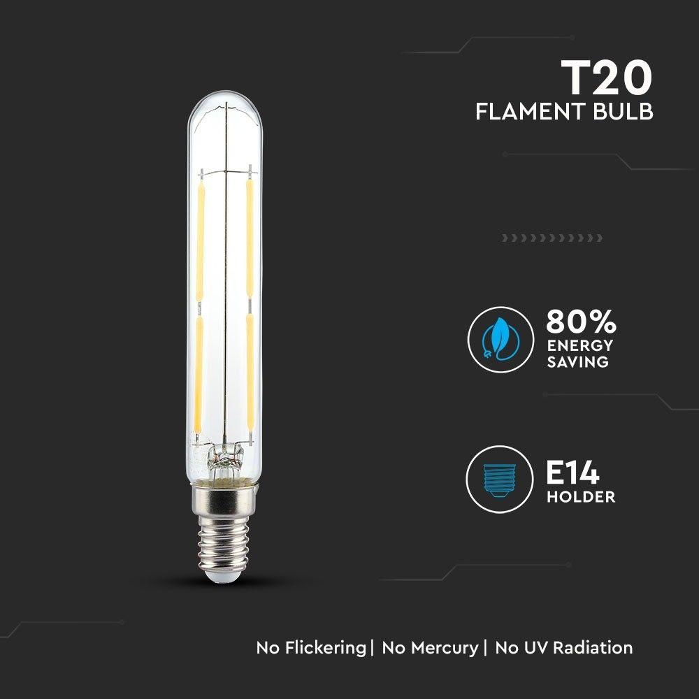 4W LED T20 Żarówka LED Filament, Klosz Przezroczysty, Barwa:2700K, Trzonek:E14, VTAC, SKU 2701