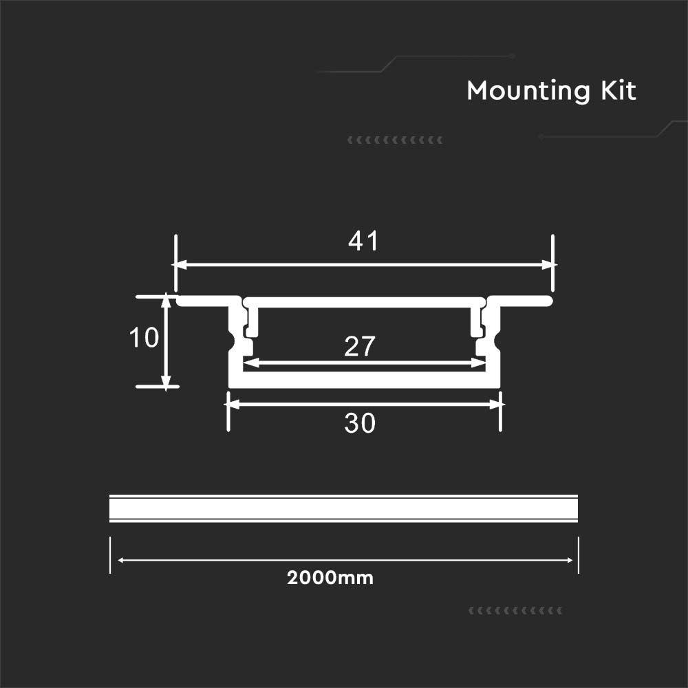 Profil Aluminiowy do paska LED wpuszczany, 2000x30x10mm, Klosz: Mleczny, Kolor: Aluminium , VTAC, SKU 23177