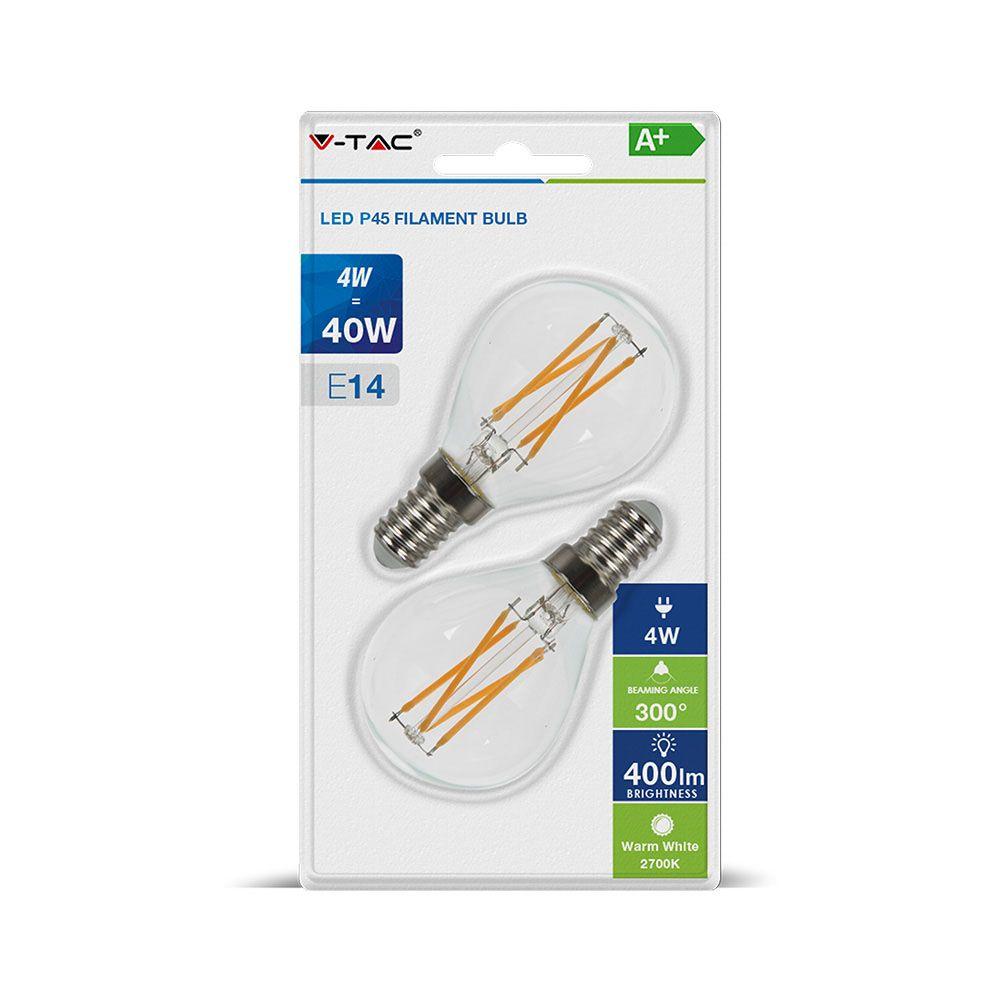 4W Żarówka LED P45 Filament, Klosz Transparentny, Barwa:2700K, Trzonek:E14, Opk. Blister, VTAC, SKU 7366