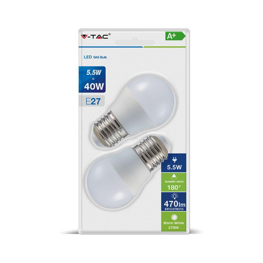 5.5W G45 Żarówka LED, Barwa:2700K/ Blister 2 szt., Trzonek: E27, VTAC, SKU 7360