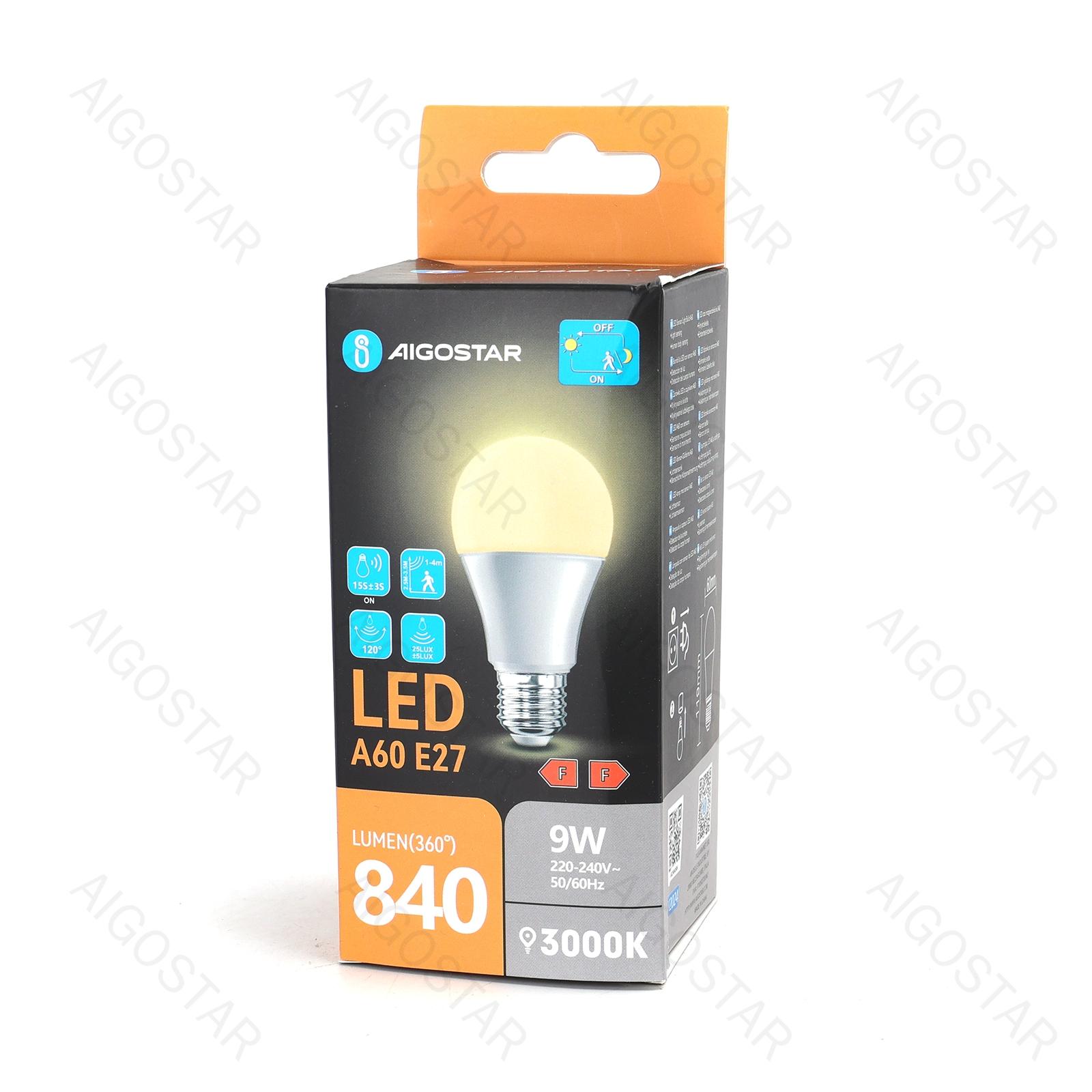 LED light sensitive induced and microwave sensor bulb A60 E27 9W 3000K