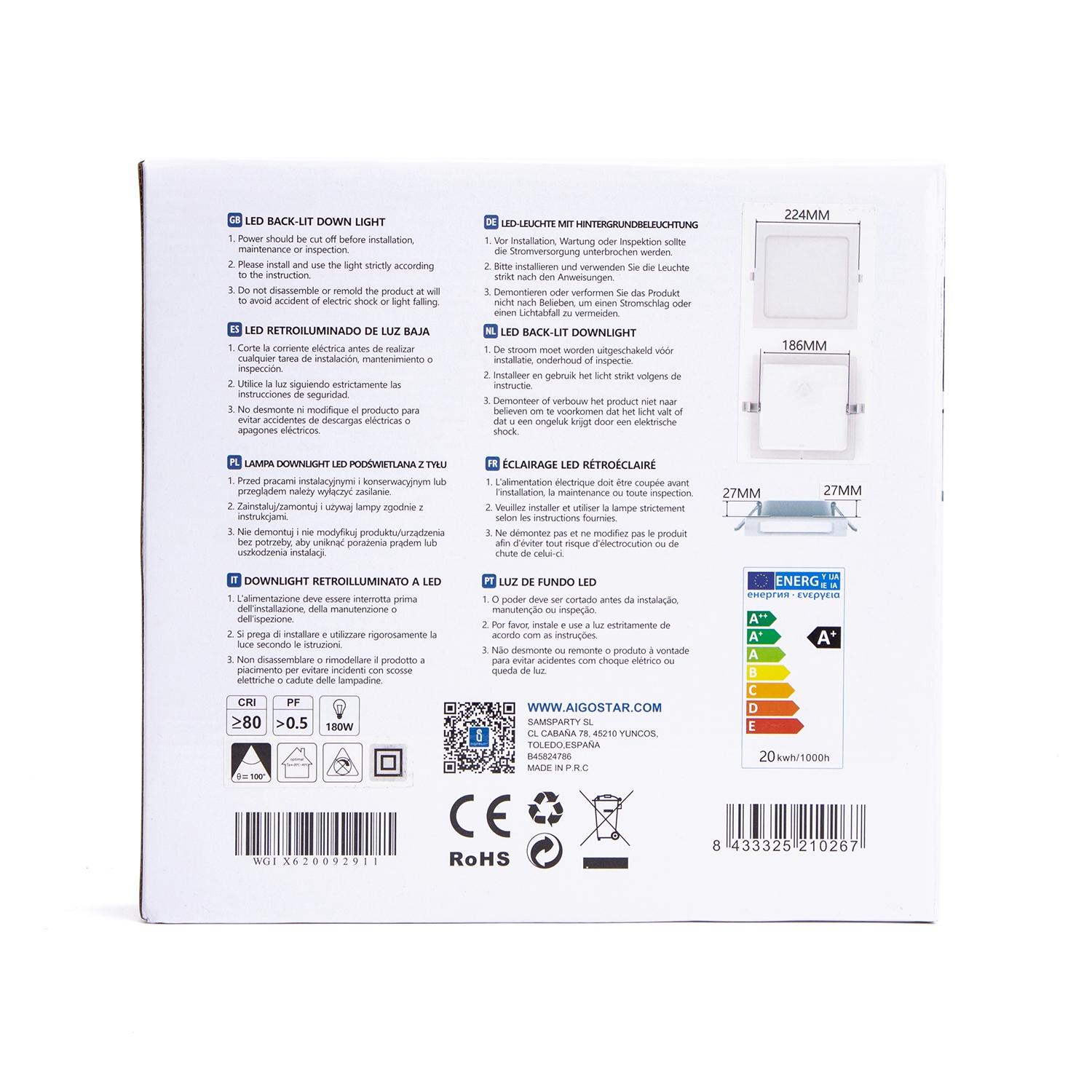 Downlight kwadratowy podtynkowy LED 20W 6500K