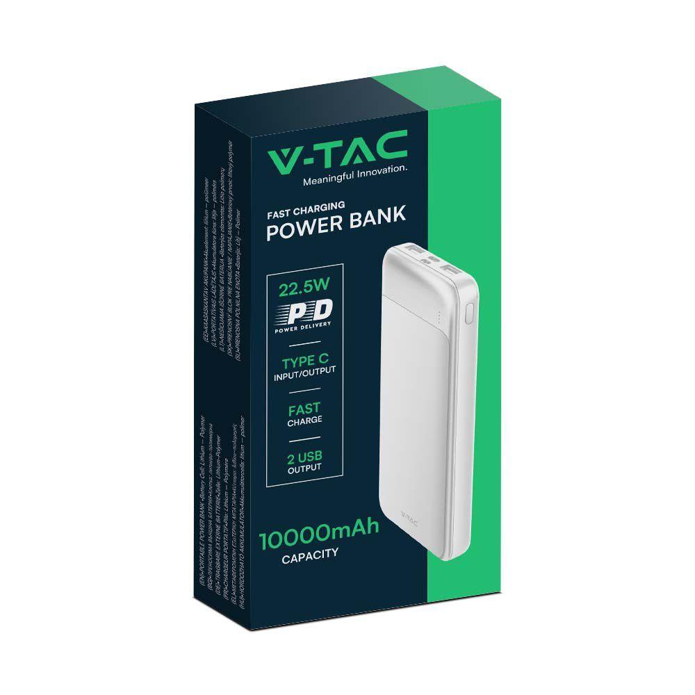 Power Bank 2xUSB + typ: C, Micro USB, Szybkie ładowanie, Litowo Polimerowy - 10000mAh, Biały, VTAC, SKU 7834