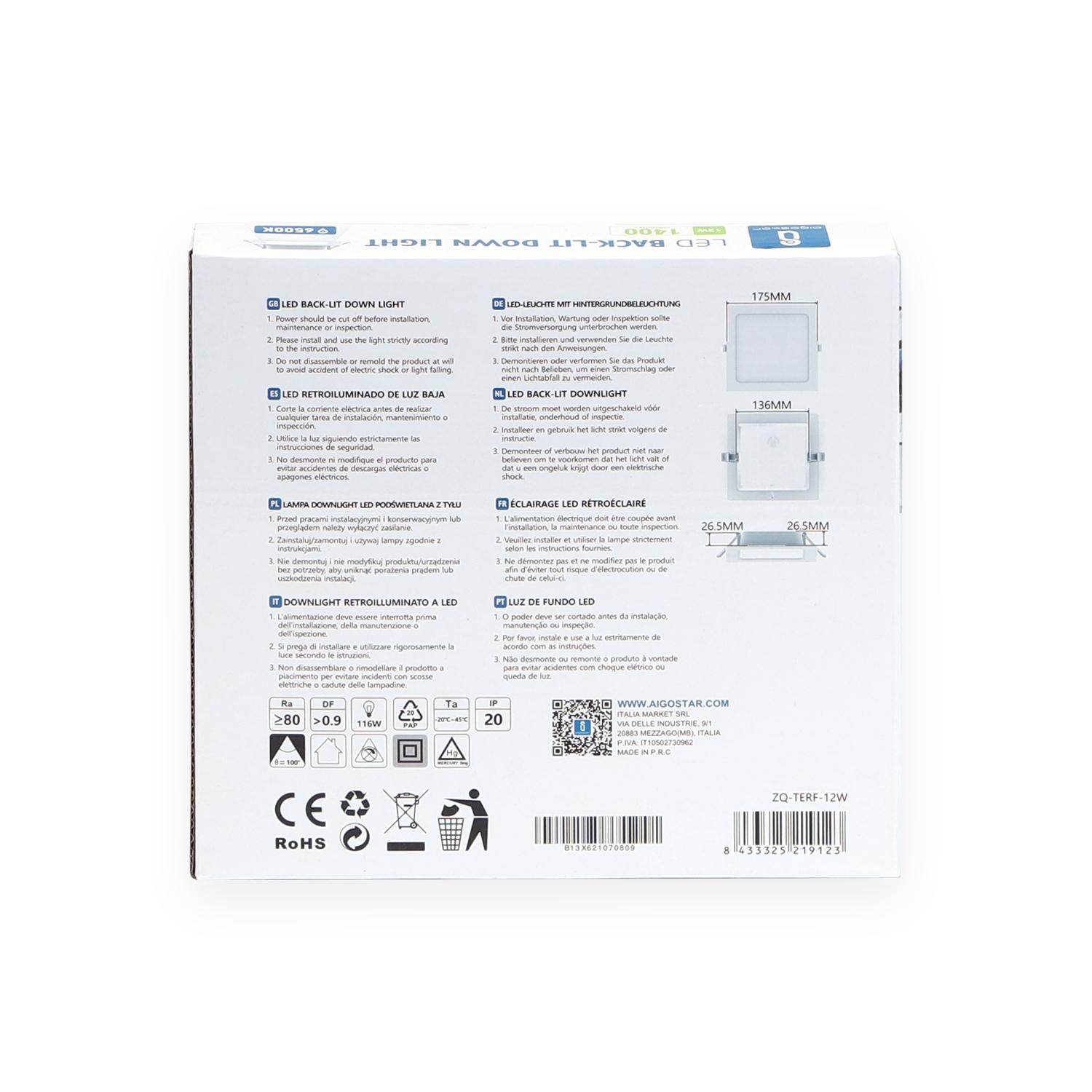 E6 LED Flush-mounted Square Downlight 12W White Light