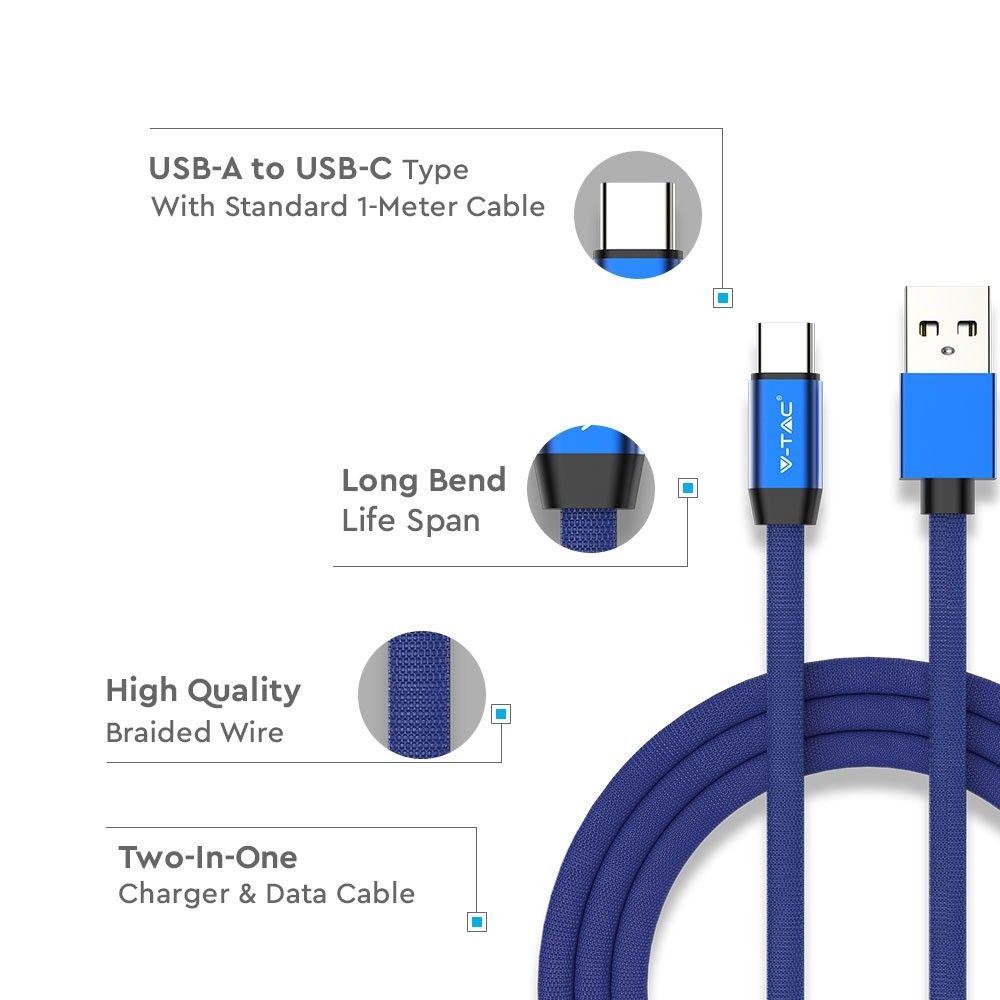 Przewód USB typ: C, 1m, Niebieski, VTAC, SKU 8630