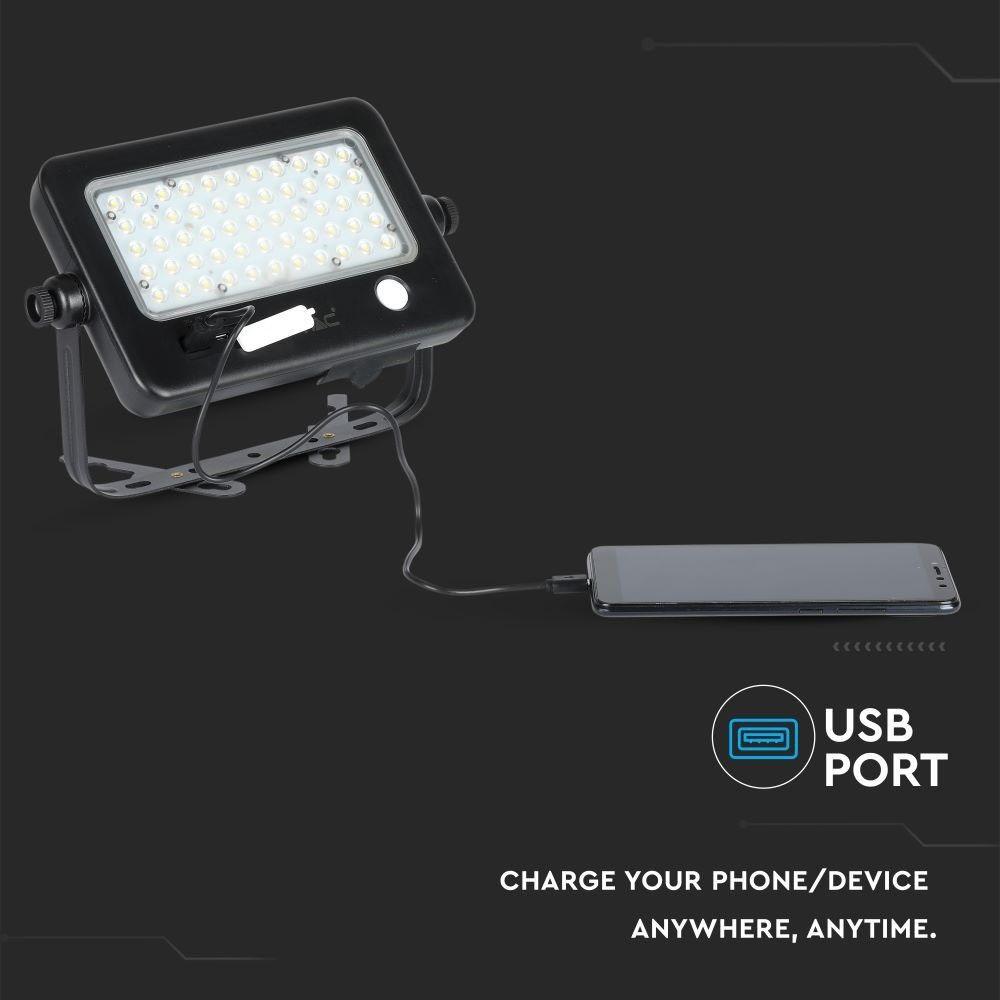 10W Naświetlacz LED solarny, Panel z przewodem, Gniazdo USB, Barwa:4000K , Obudowa: Czarna, VTAC, SKU 8674