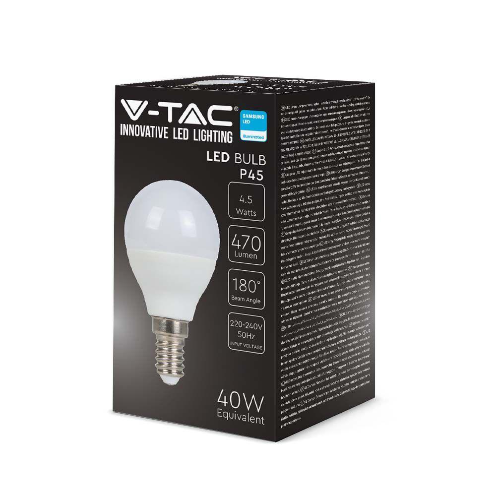 4.5W P45 Żarówka LED, Chip SAMSUNG, Barwa:3000K, Trzonek:E14, VTAC, SKU 21168