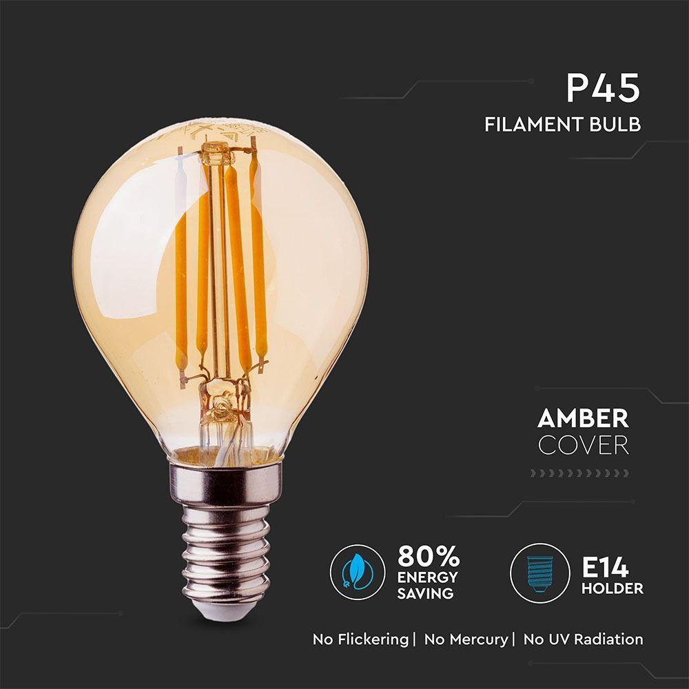 4W P45 Żarówka LED Filament, Klosz Bursztynowy, Barwa:2200K, Trzonek:E14, VTAC, SKU 4499