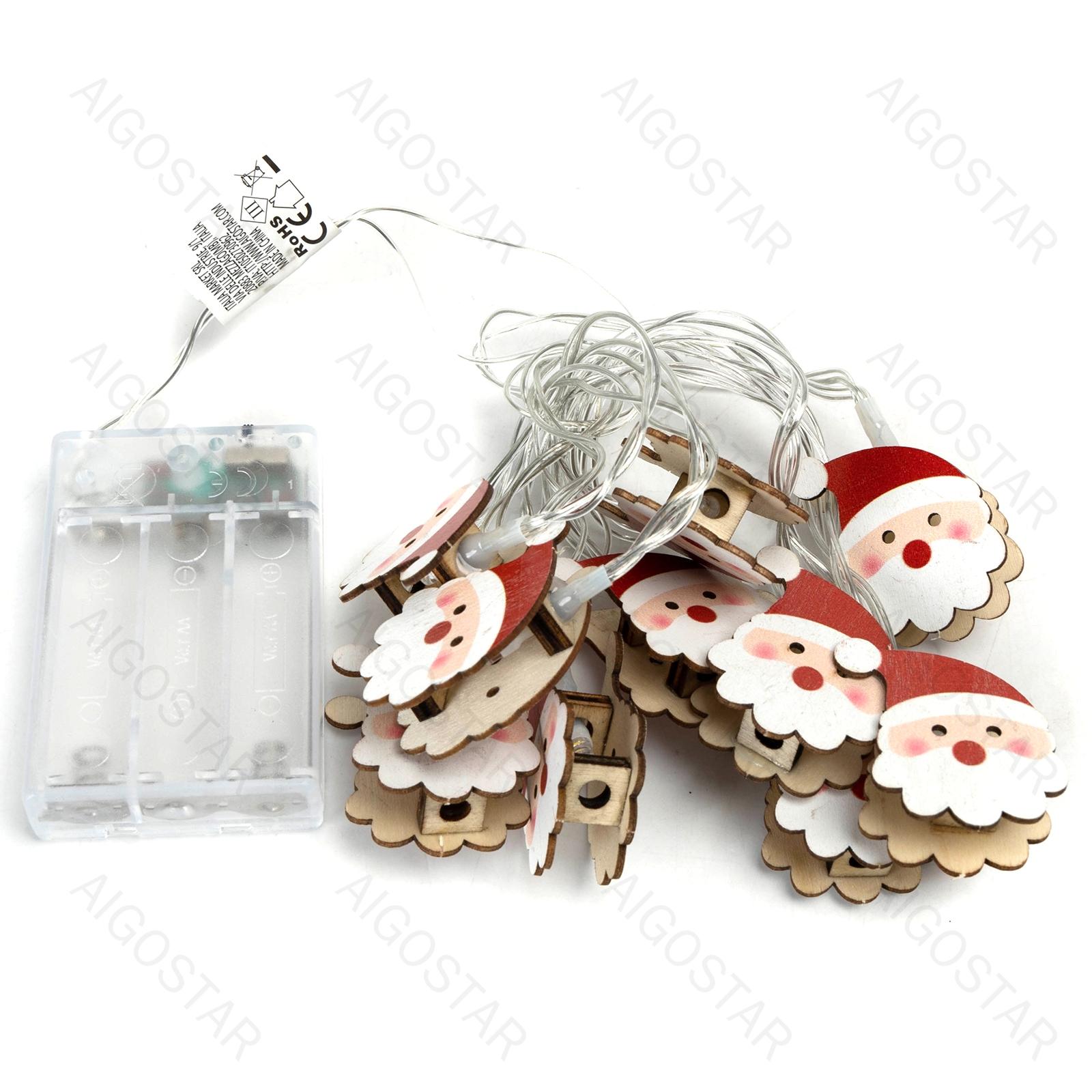 3AA battery string lights - wooden pendant Santa Claus, natural white, 1.5m