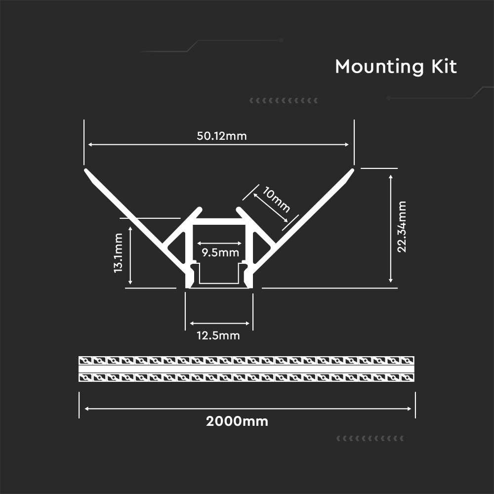 Profil Aluminiowy do paska LED wpuszczany narożny do zabudowy karton gips, 2000x50.12x22.34mm, Klosz: Mleczny, Kolor: Aluminium, VTAC, SKU 3361