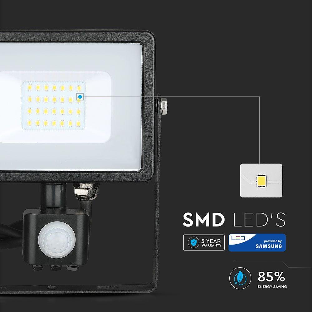 20W Naświetlacz LED SMD z czujnikiem ruchu, Chip SAMSUNG, Barwa:6400K, Obudowa: Czarna , VTAC, SKU 453