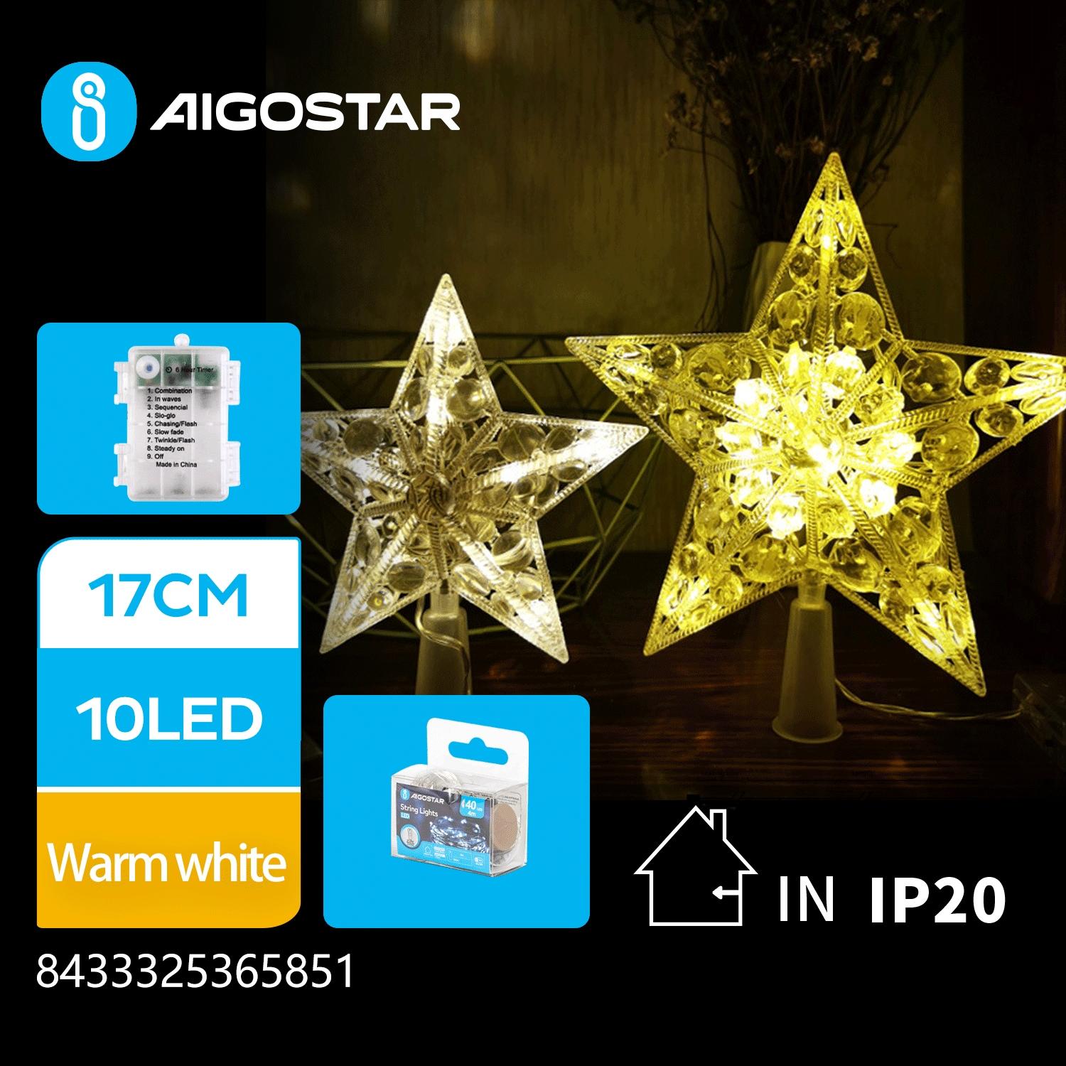 3AA Battery String Lights-17CM treetop star-Warm White-10LED-transparent wire-ON/OFF/blinkIP20