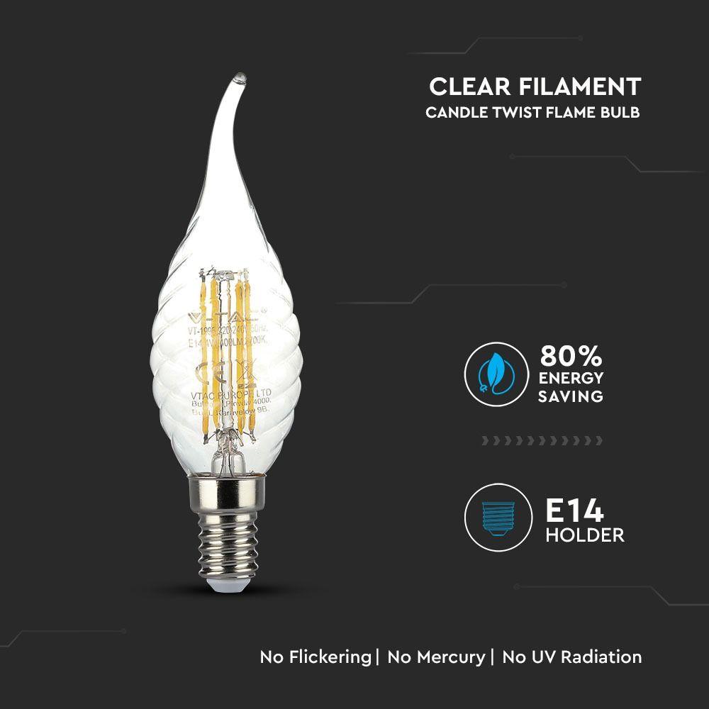 4W TWIST CF37 Żarówka LED Filament, Barwa:6400K, Trzonek:E14, VTAC, SKU 4432