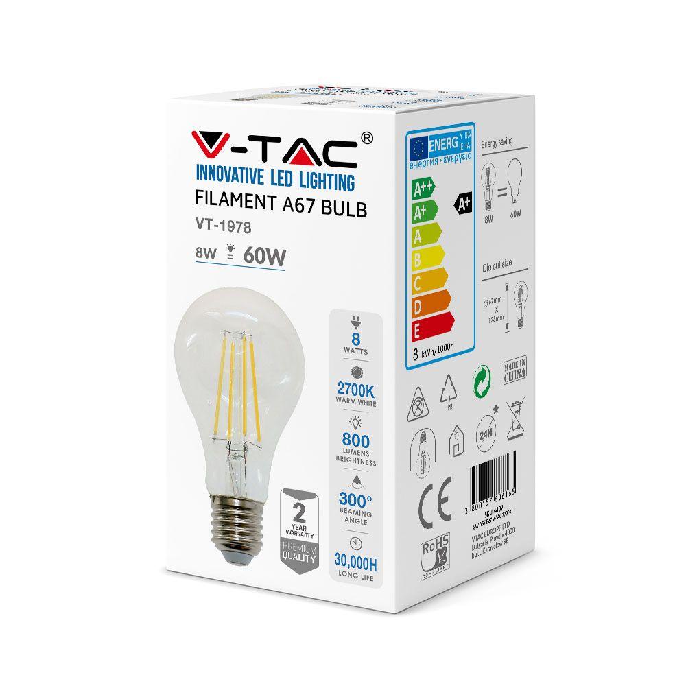 8W A67 Żarówka LED Filament, Barwa:4000K, Trzonek:E27, VTAC, SKU 4408