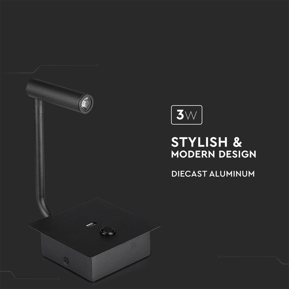 VT-2943 3W LED SIDE LIGHT(WALL LAMP)WITH SWITCH&USB PORT 3000K-BLACK