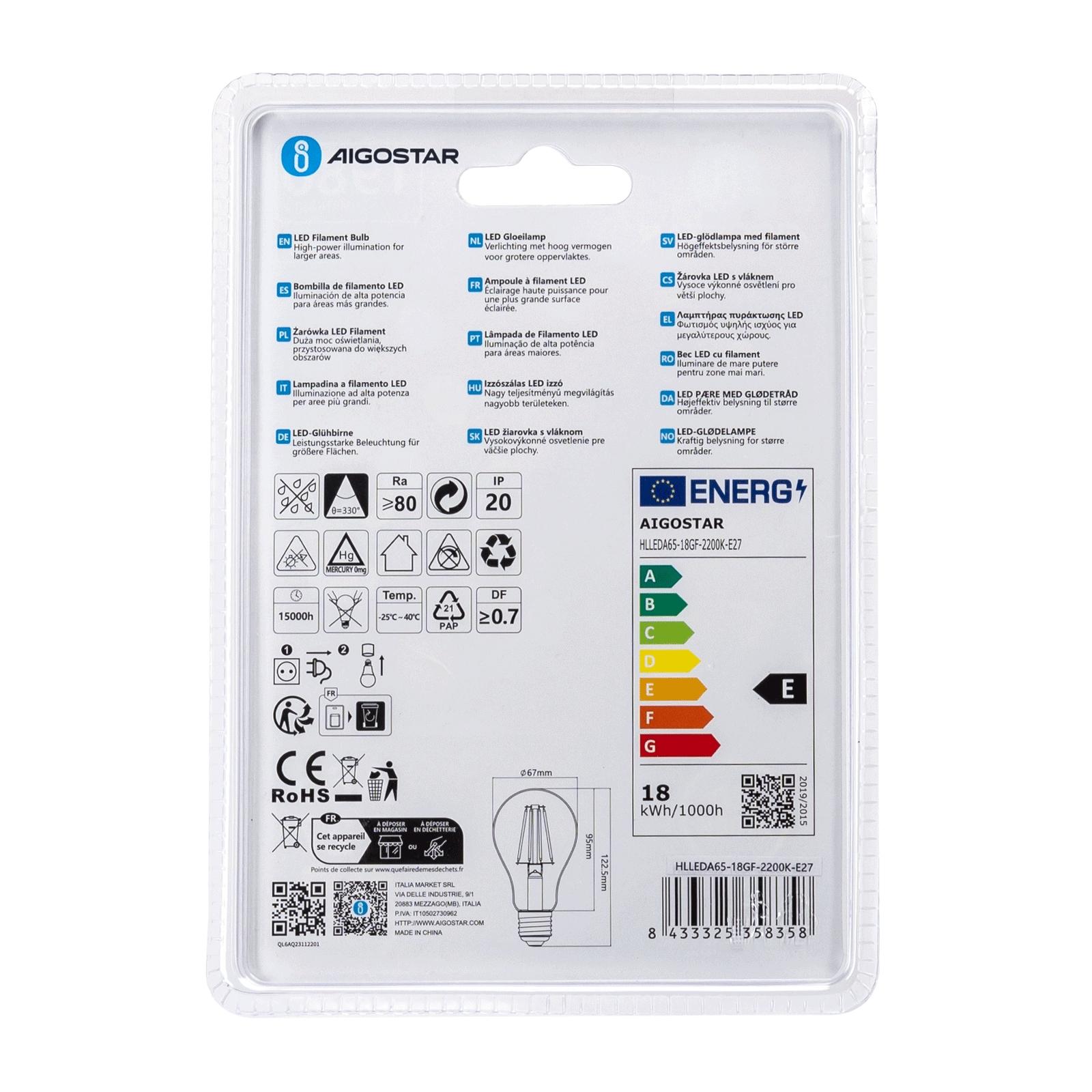 Żarówka LED Filament (Bursztynowa) A65 E27 18W