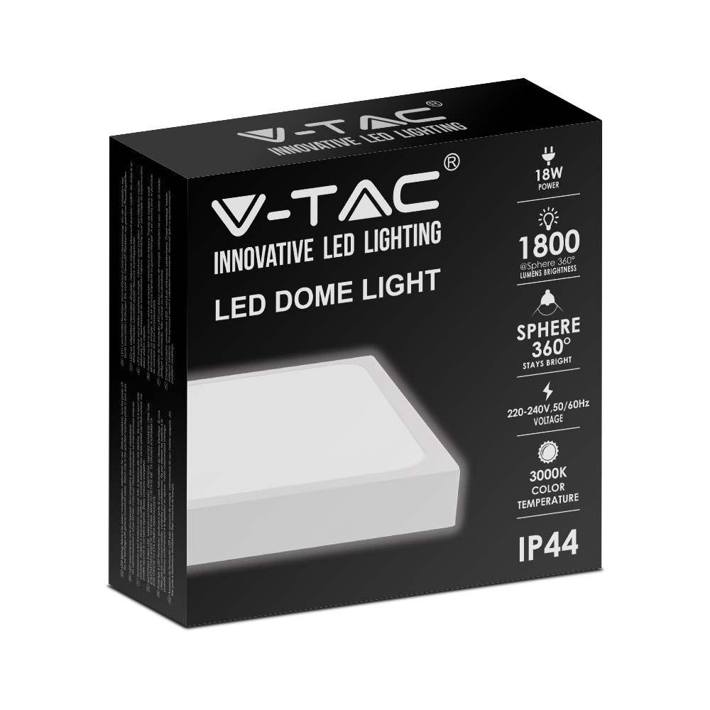 18W Plafon LED, Średnica: 225mm, Barwa:6500K, Klosz: Kwadratowy mleczny biała ramka, IP44, VTAC, SKU 7626