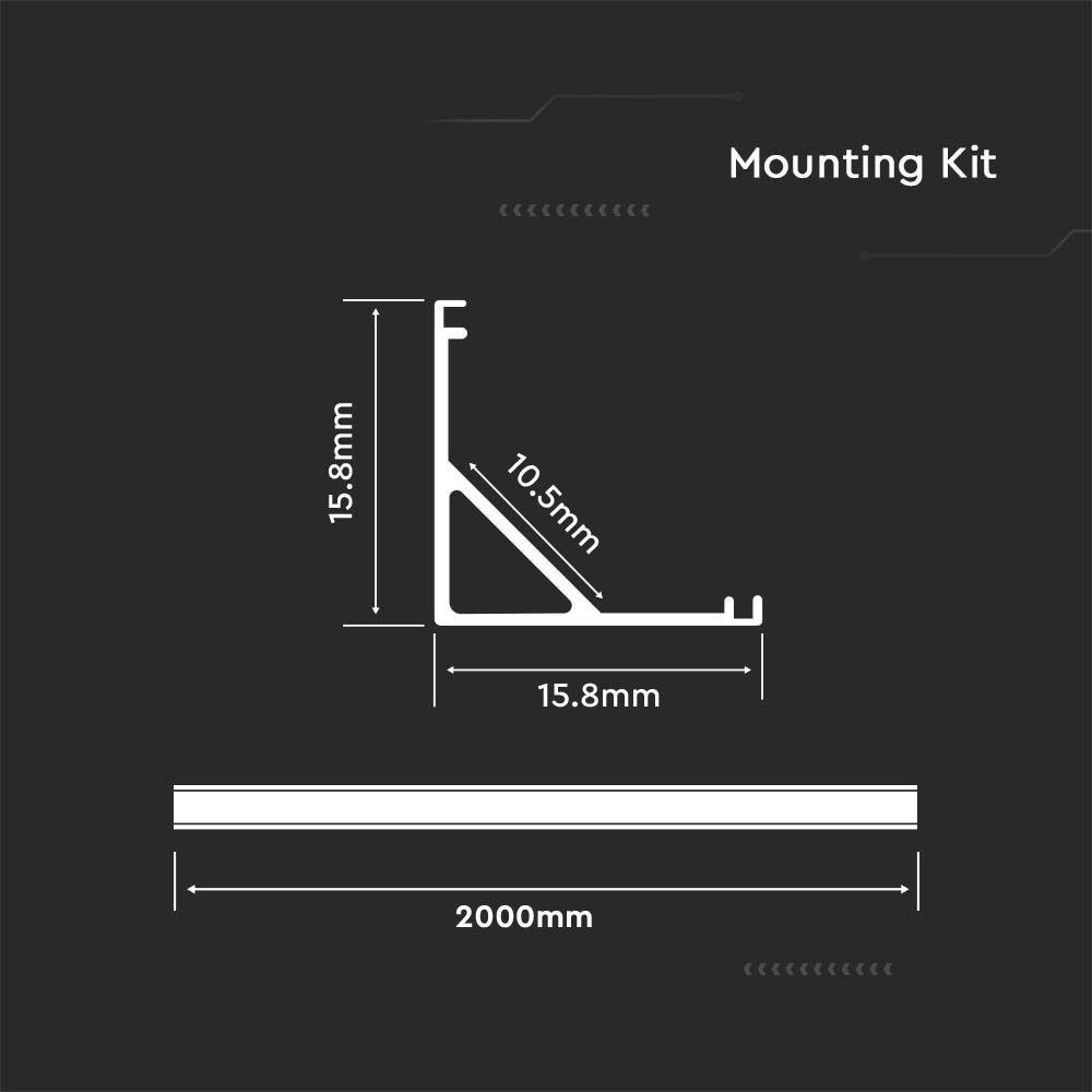 Profil Aluminiowy do paska LED na powierzchniowy narożny, 2000mmx15.8mmx15.8mm, Klosz: Mleczny, Kolor: Aluminium, VTAC, SKU 3369