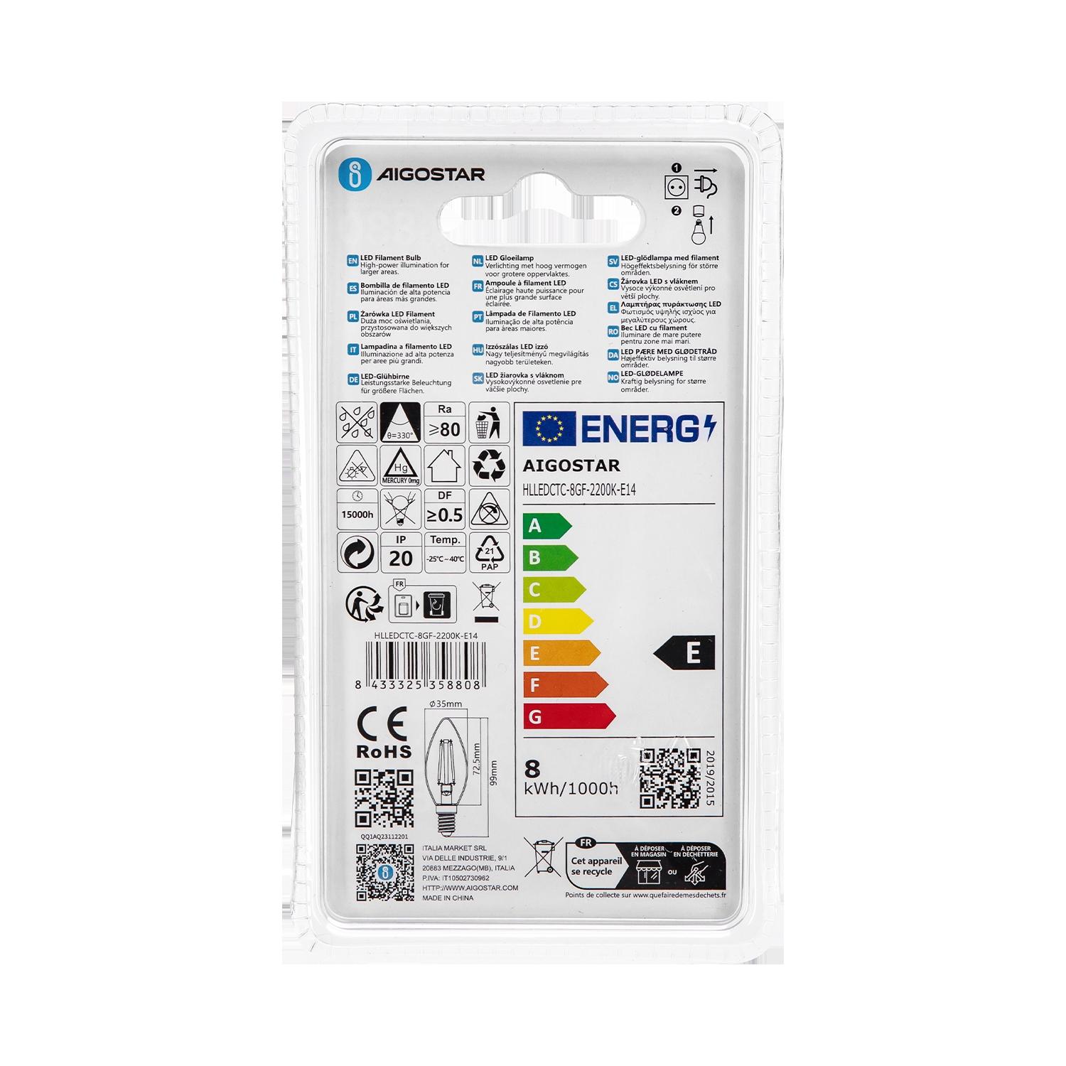 LED Filament Bulb (Amber) C35 E14 8W