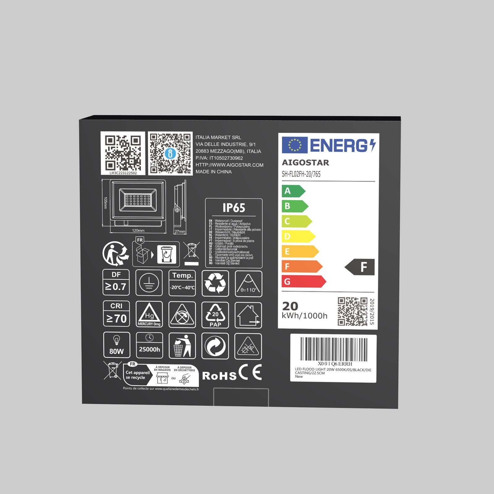 światło iluminacyjne LED 20W 1650lm 6500K IP65