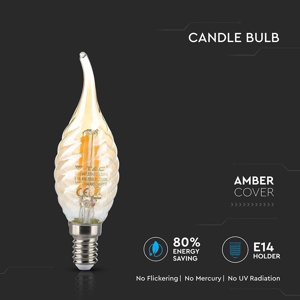 4W C35 Żarówka LED Filament, Klosz: Bursztynowy kręcony płomyk, Barwa:2200K, Trzonek:E14, VTAC, SKU 7116