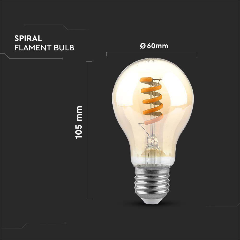 4W Żarówka LED Filament - Spiralna, Klosz: Bursztynowy, Trzonek:E27, Barwa:1800K, VTAC, SKU 217335