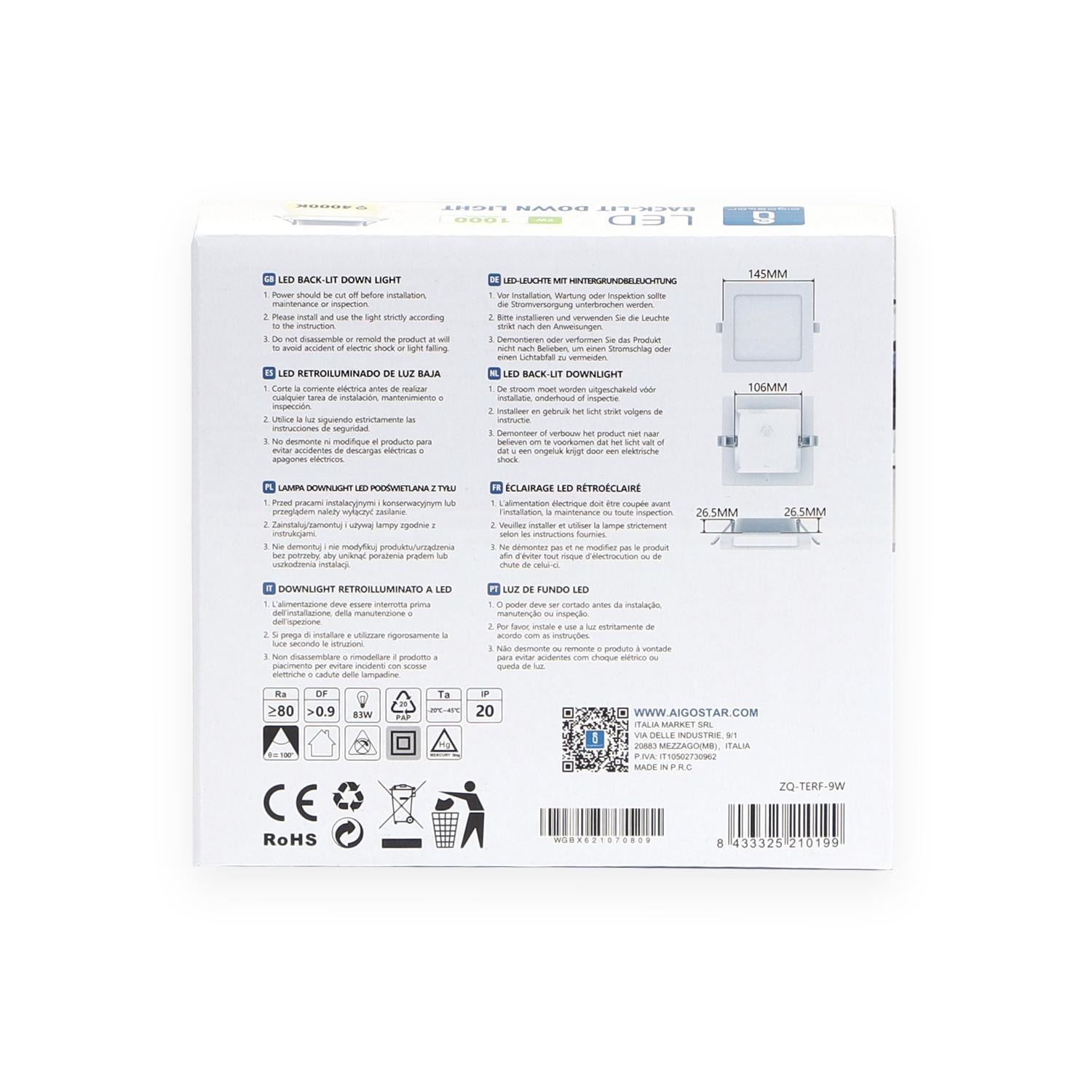 Downlight kwadratowy podtynkowy LED 9W Światło naturalne