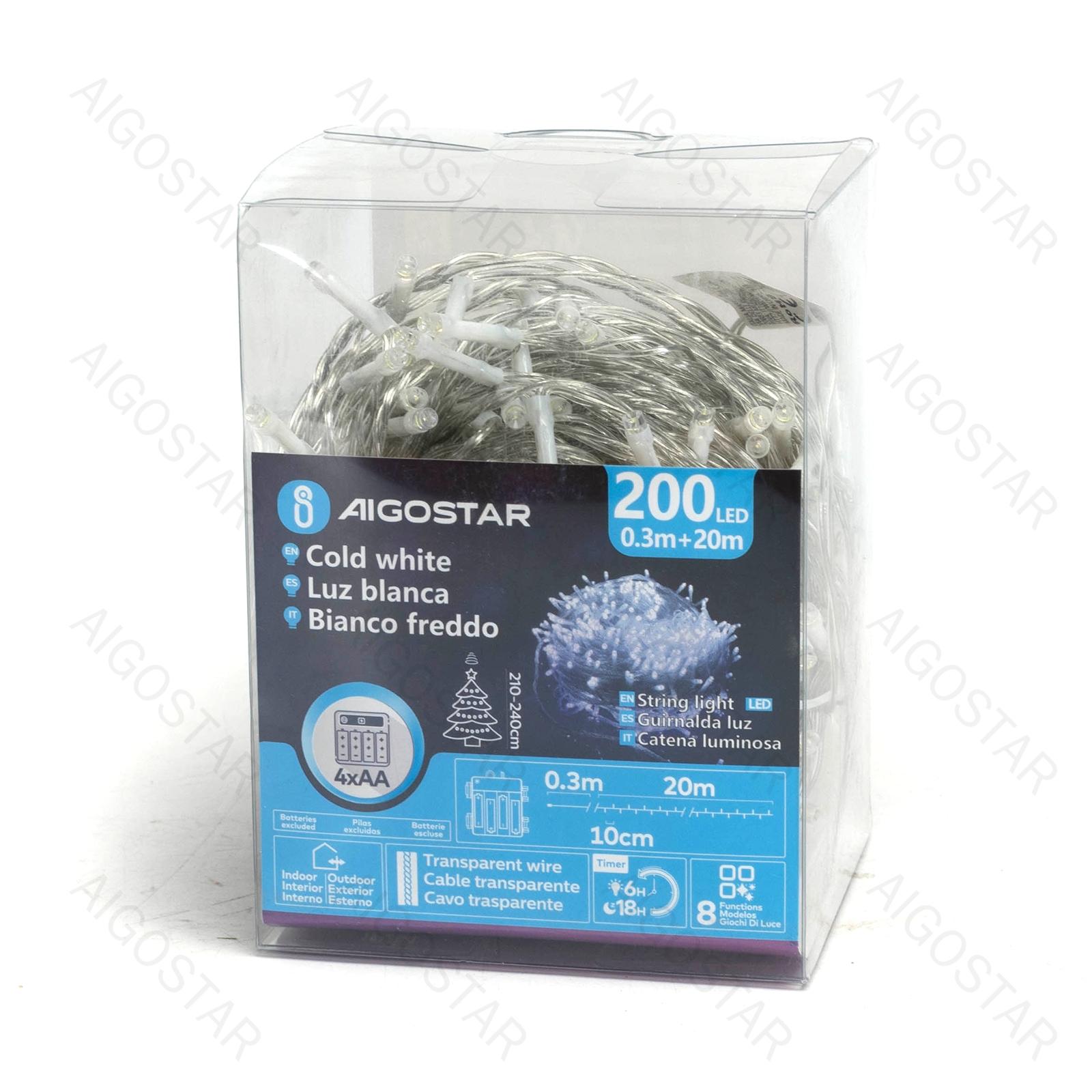 4AA Battery Flat String Lights-Cool White-0.3M+20M-200LED-10CM/LED-transparent wire-8blink+time+IP44