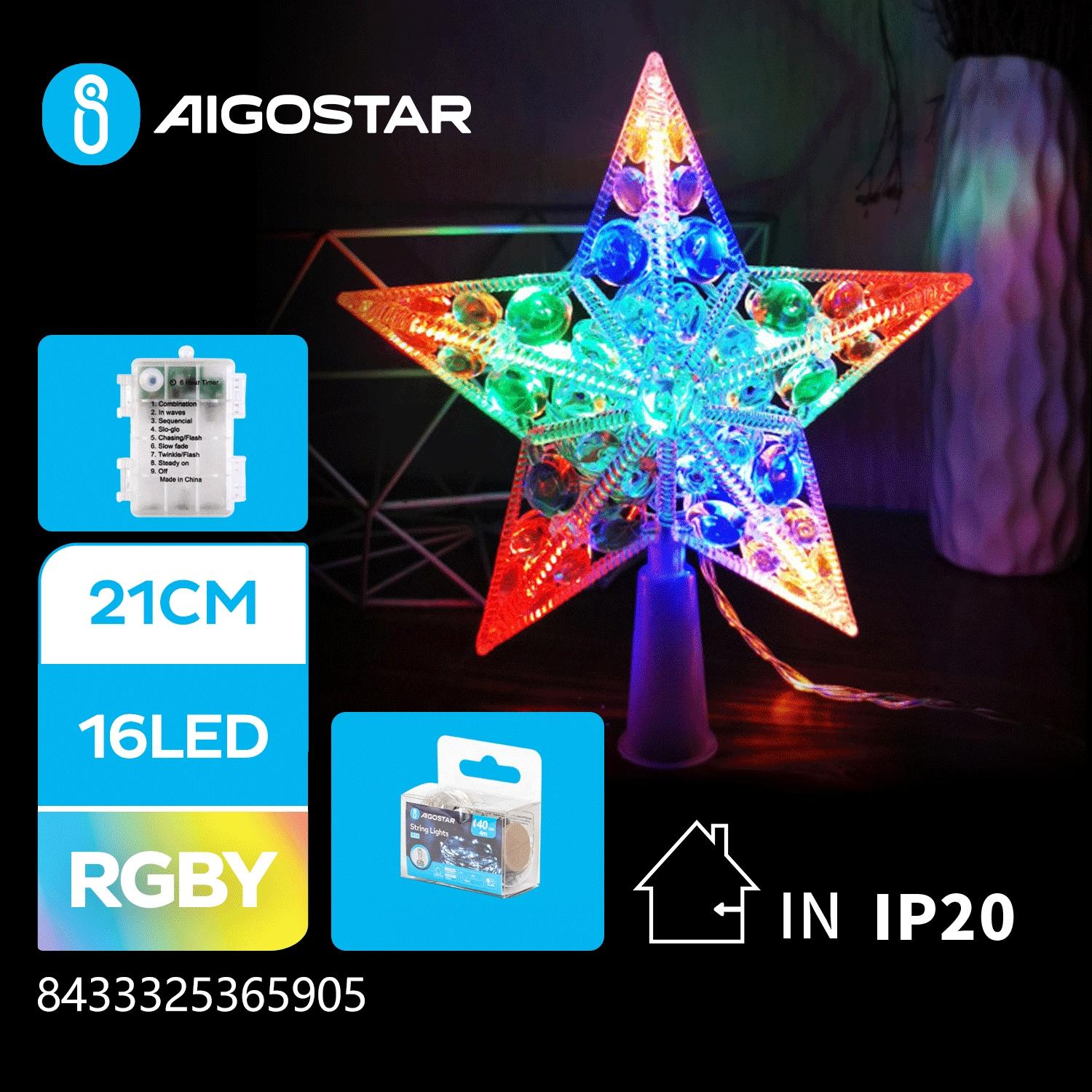 3AA Battery String Lights-21CM treetop star-RGBY-16LED-transparent wire-ON/OFF/blinkIP20