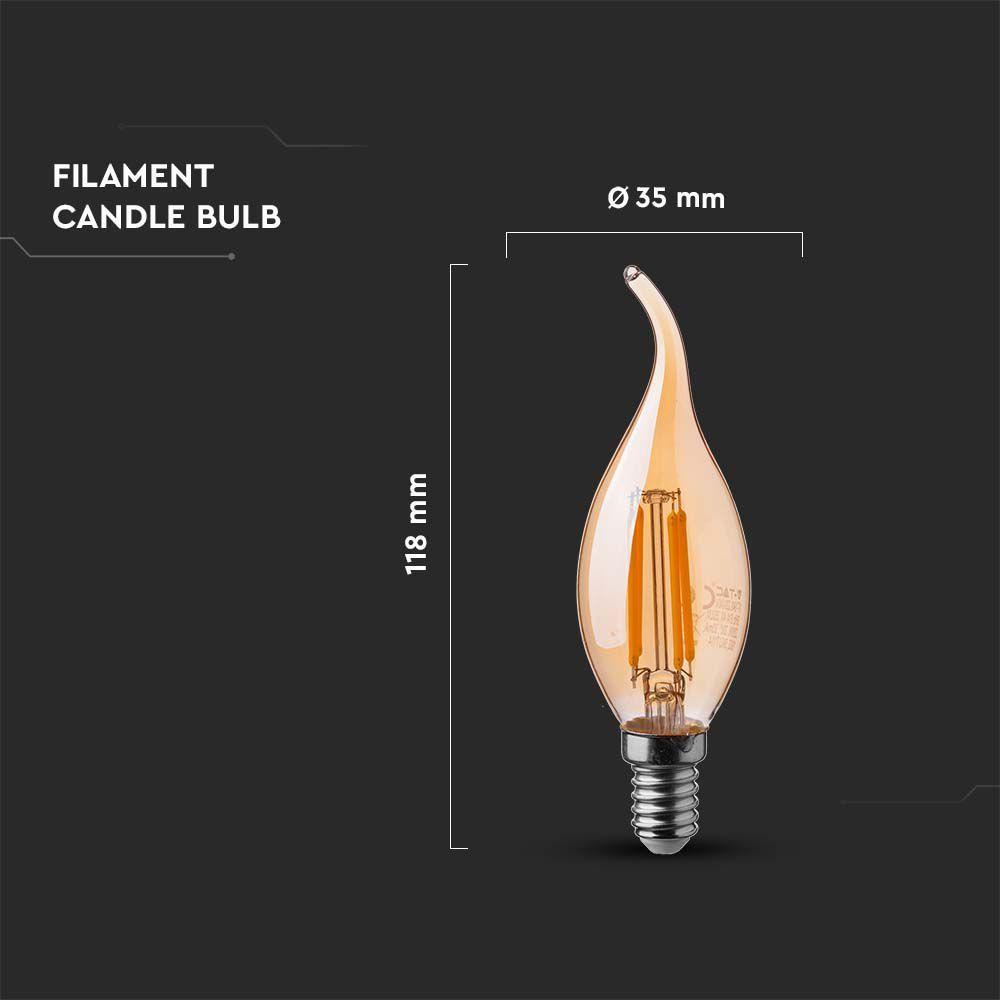 4W C35 Żarówka LED Filament, Klosz: Bursztynowy, Barwa:2200K, Trzonek:E14, VTAC, SKU 217114