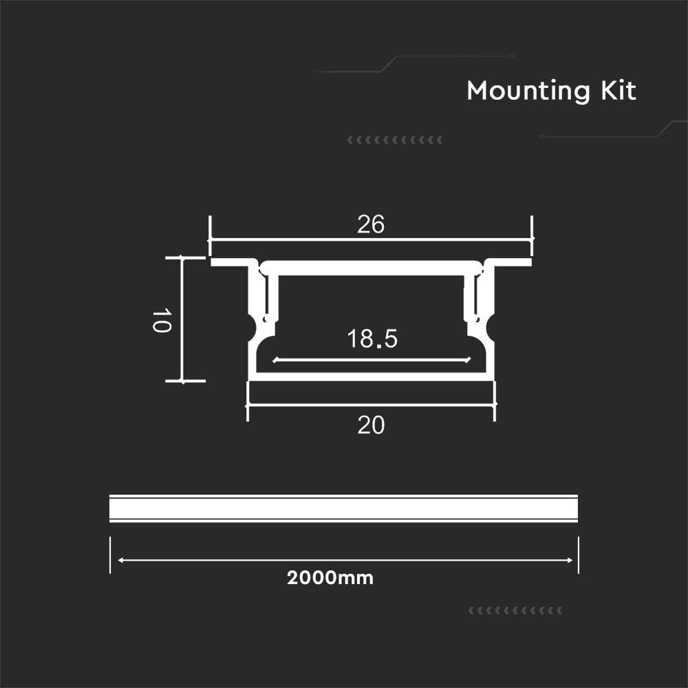 Profil Aluminiowy do paska LED wpuszczany, 2000x20x10mm, Klosz: Mleczny, Kolor: Aluminium , VTAC, SKU 23175