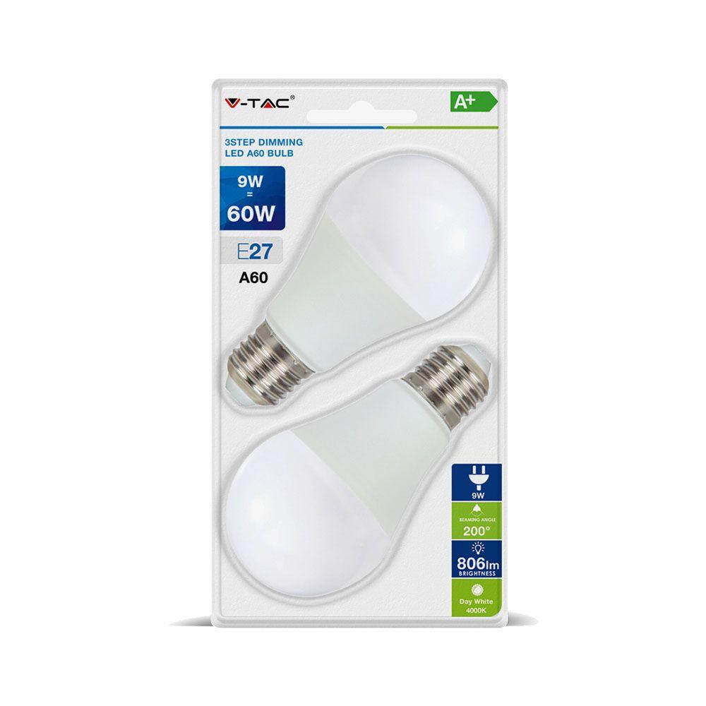 9W A60 Żarówka LED, Barwa:4000K, Ściemniana - 3 stopnie, Blister 2 szt., Trzonek:E27, VTAC, SKU 7289