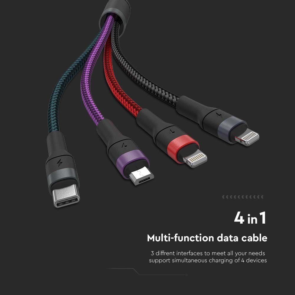 Przewód USB z adapterem 3w1 typ: C, Micro, Lightning, Fast Charging, 1.2m, Czarny, VTAC, SKU 7748