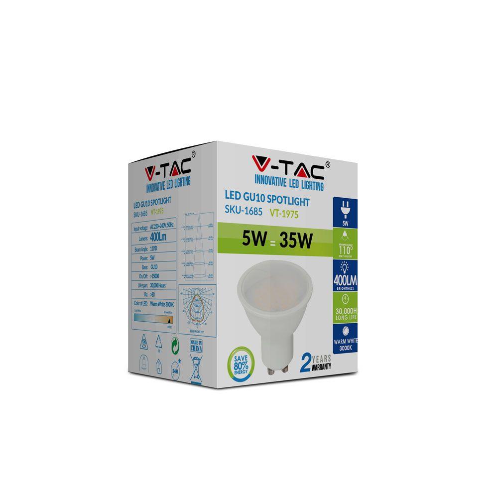 5W GU10 Żarówka LED, Barwa:4000K, Trzonek:GU10, Kąt 110', VTAC, SKU 1686