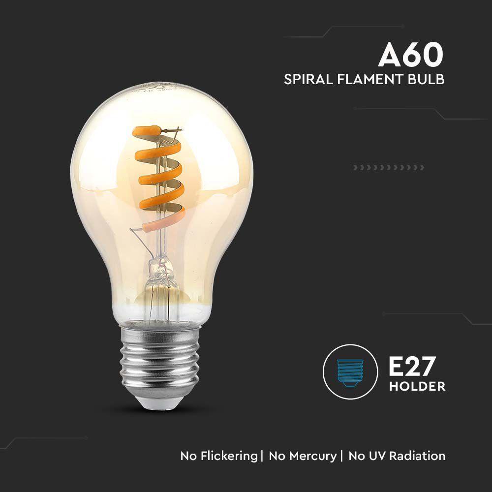 4W Żarówka LED Filament - Spiralna, Klosz: Bursztynowy, Trzonek:E27, Barwa:1800K, VTAC, SKU 217335