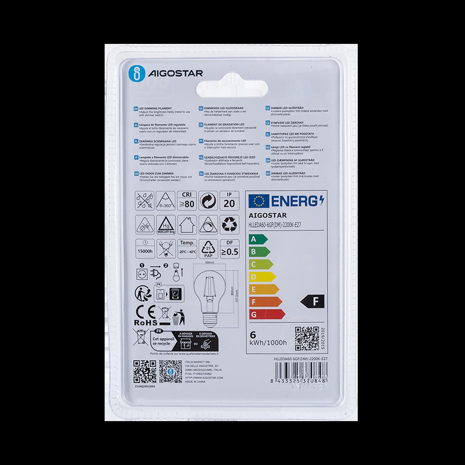 LED dimming filament A60 E27 6W 2200K