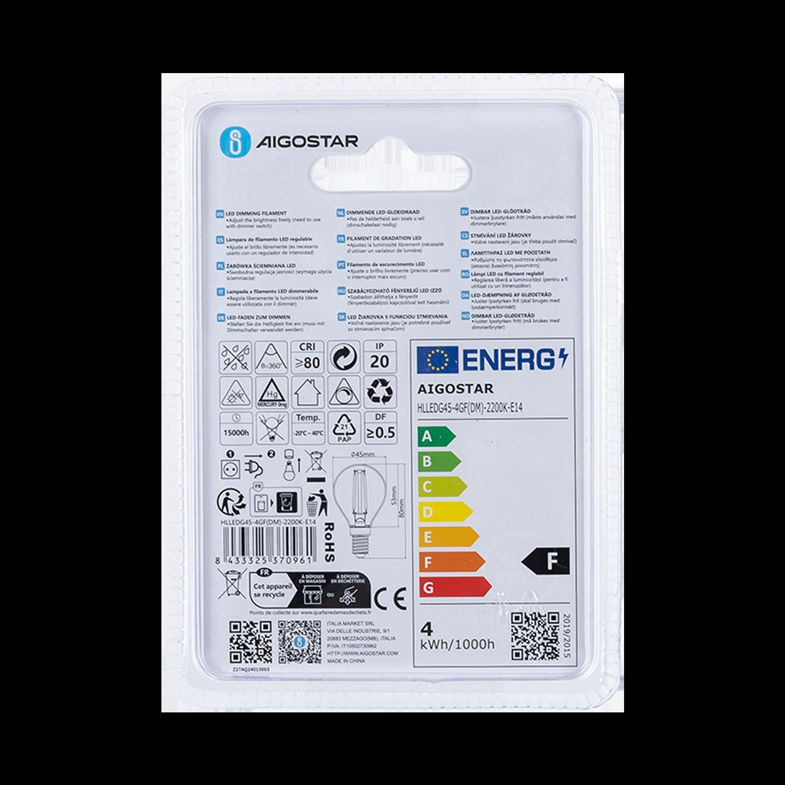 LED dimming filament G45 E14 4W 2200K