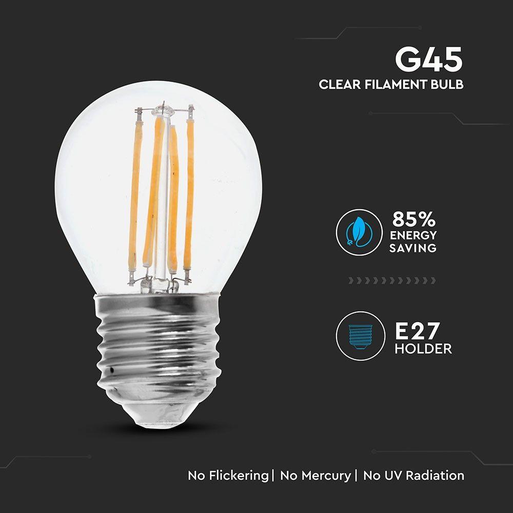 6W G45 Filament, Klosz Transparentny/ Barwa:6400K, Trzonek: E27, Skuteczność: 130lm/W, VTAC, SKU 2853